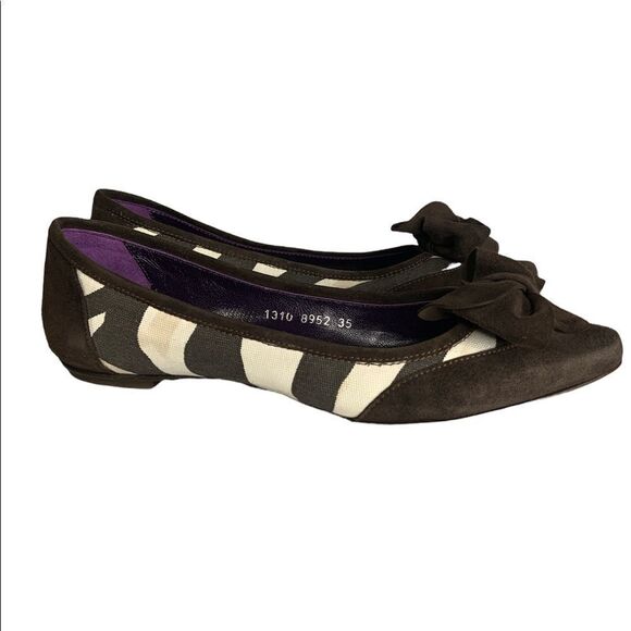 Escada Laurél Canvas Suede Bow Zebra Print Pointed Toe Flats - Picture 4 of 9